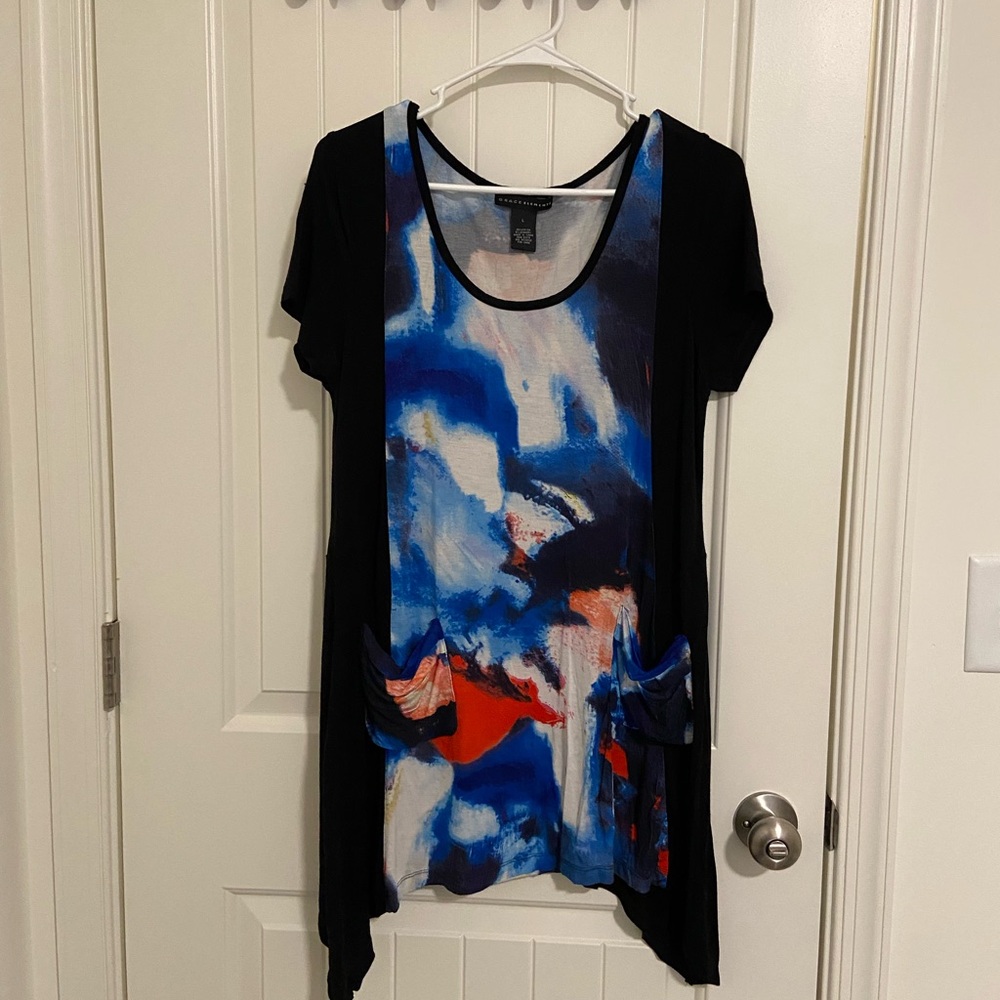 NWOT Grace Elements women’s long multicolor pattern drapey loose pocket blouse L
